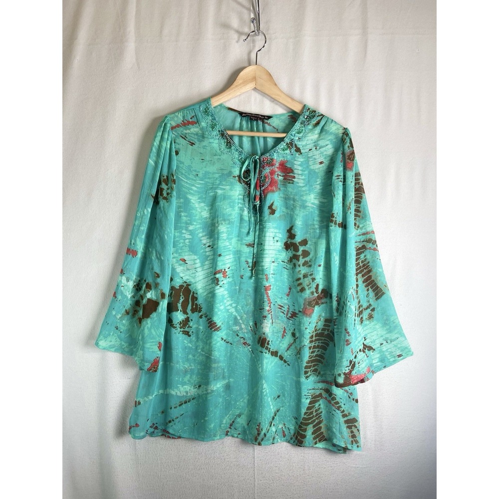 Mushka by Sienna Rose Sheer Crinkle Bell-Sleeve Tunic, Lace Trim, Multicolor, L